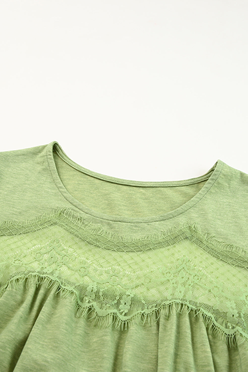 Green Mesh Lace Trim Short Sleeve Top