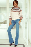 Geometric Pattern Ribbed Trim High Neck Sweater