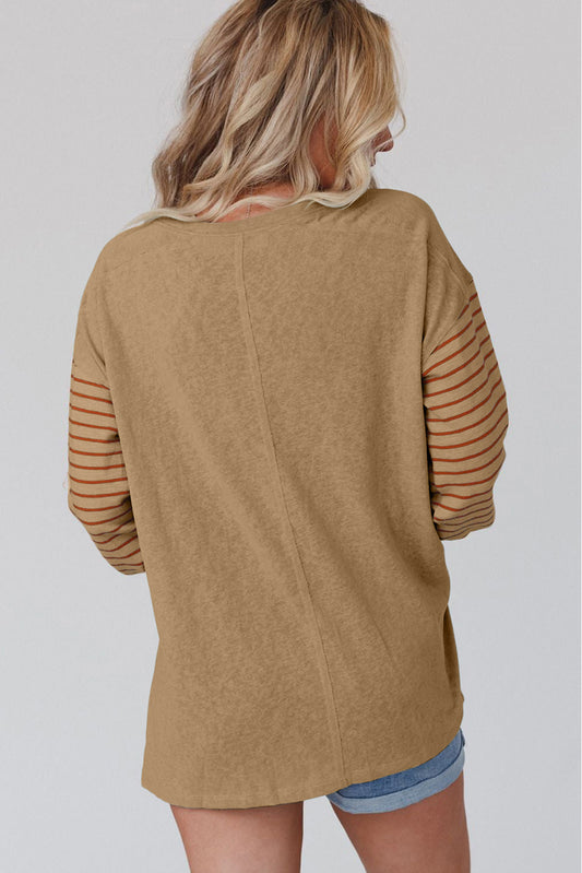 Light French Beige Colorblock Striped Bishop Sleeve Top