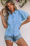 Short Bubble Sleeve Snap Button Denim Shirt