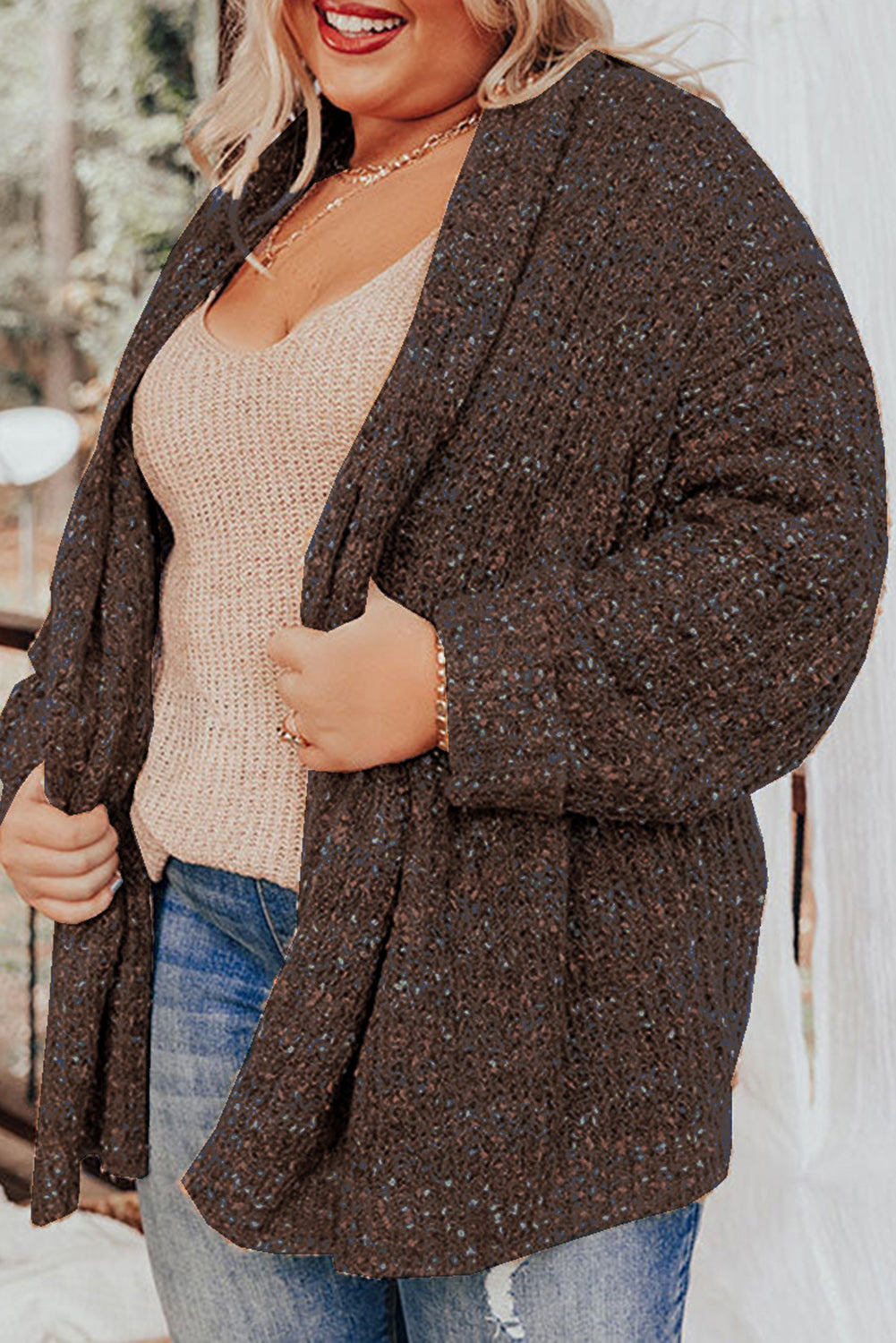 Kaki Cardigan douillet en tricot ouvert sur le devant de grande taille