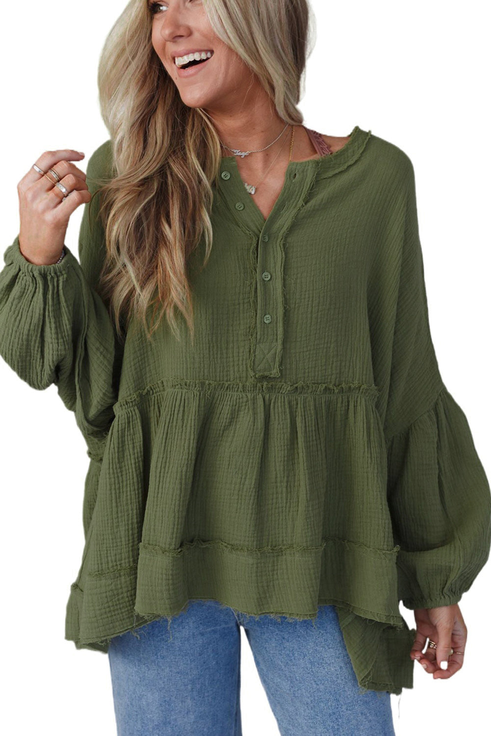 Henley Button Drop Shoulder Loose Sleeve Raw Edge Top