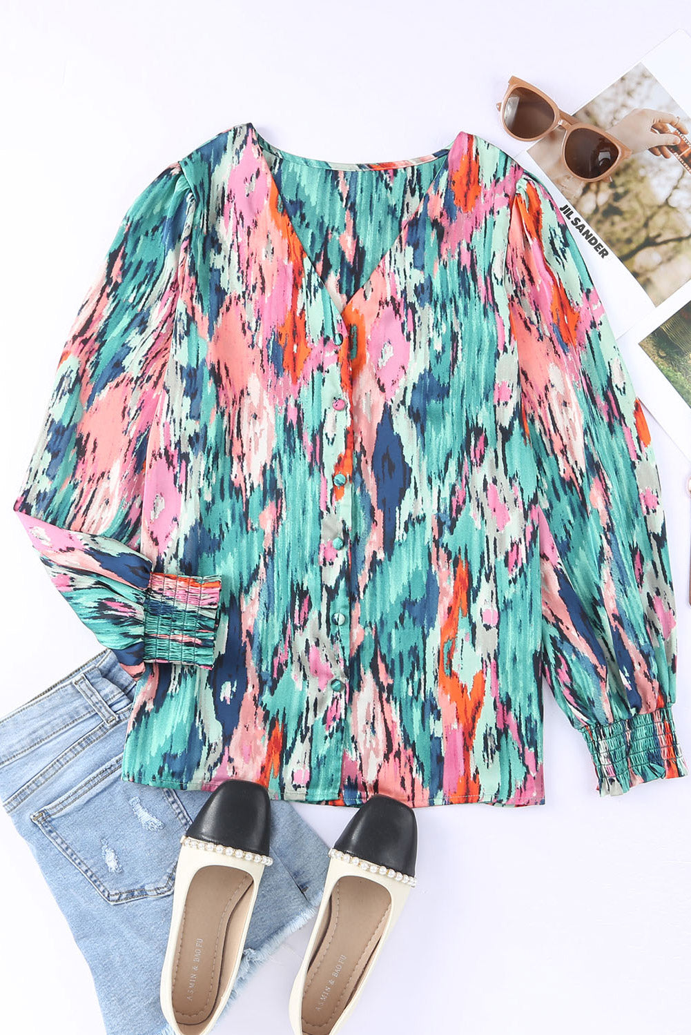 V Neck Abstract Print Long Sleeve Shirt