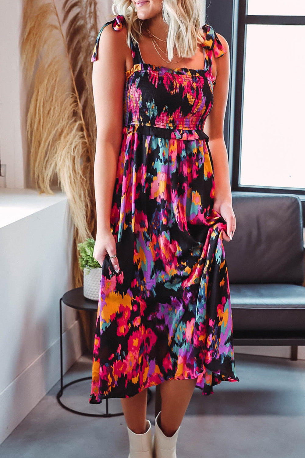 Abstract Floral Pattern Flutter Sleeve Tiered Maxi Dress