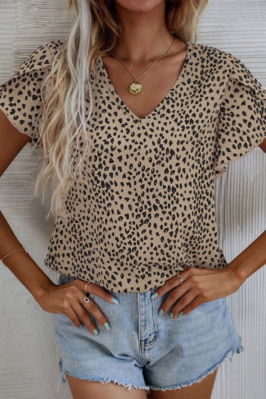 Print Flutter Sleeve V Neck Blouse