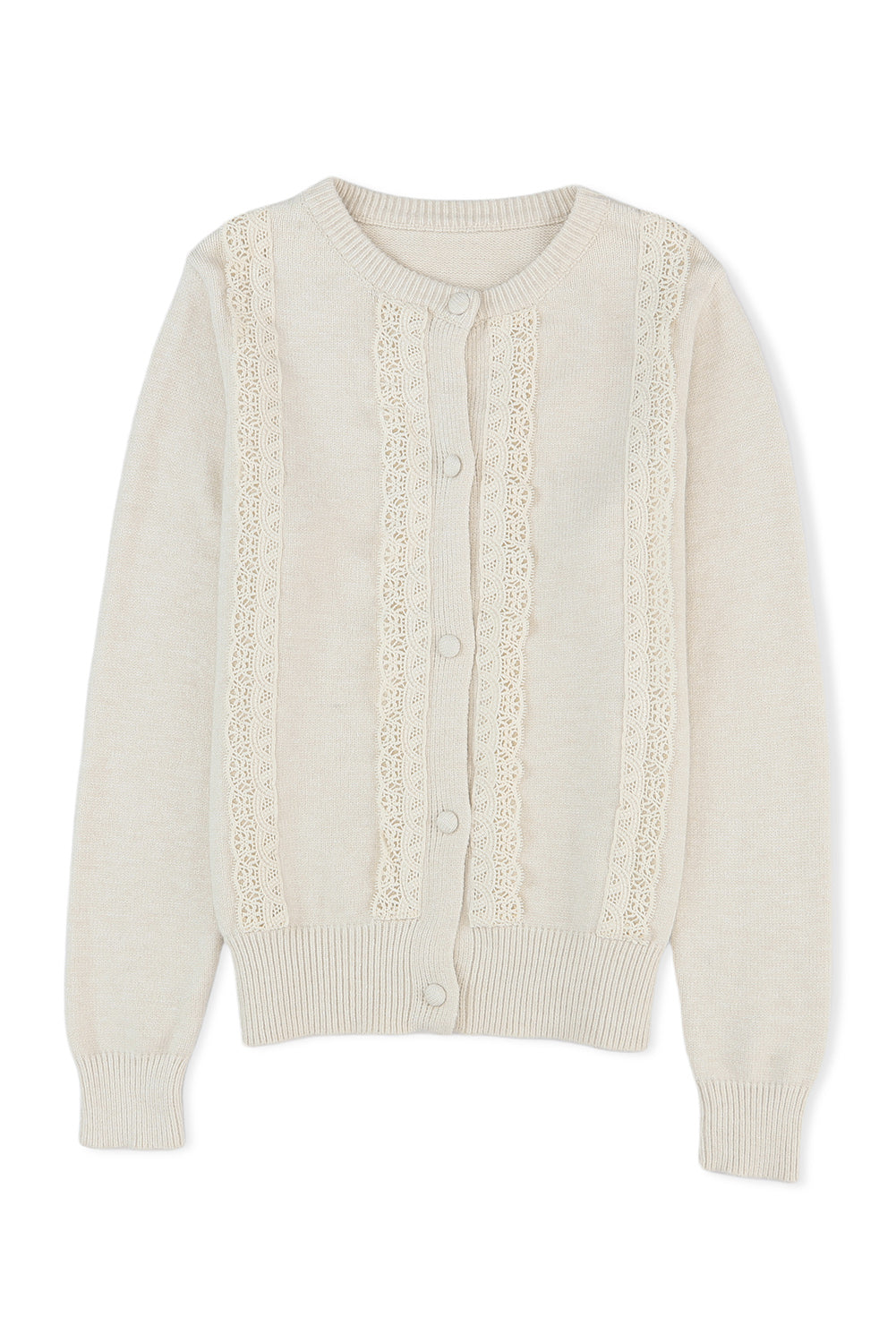 Lace Trim Ribbed Round Neck Button Up Cardigan