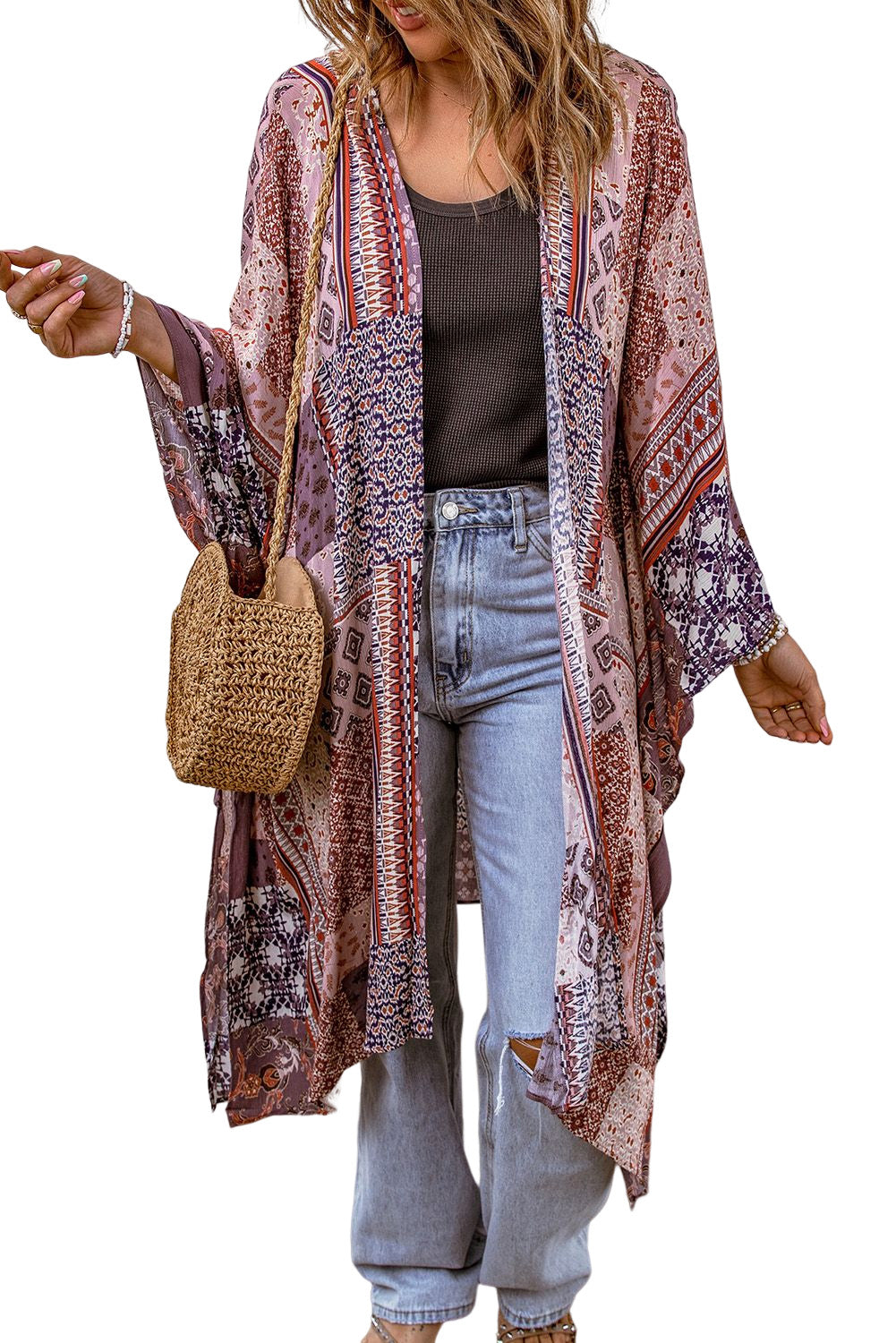 Geometric Print Open Front Kimono