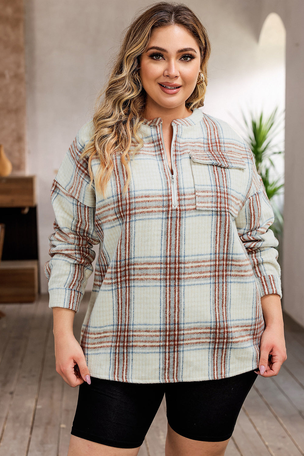 Plus Size Plaid Half-Zipper Sweatshirt with Chest Pocket