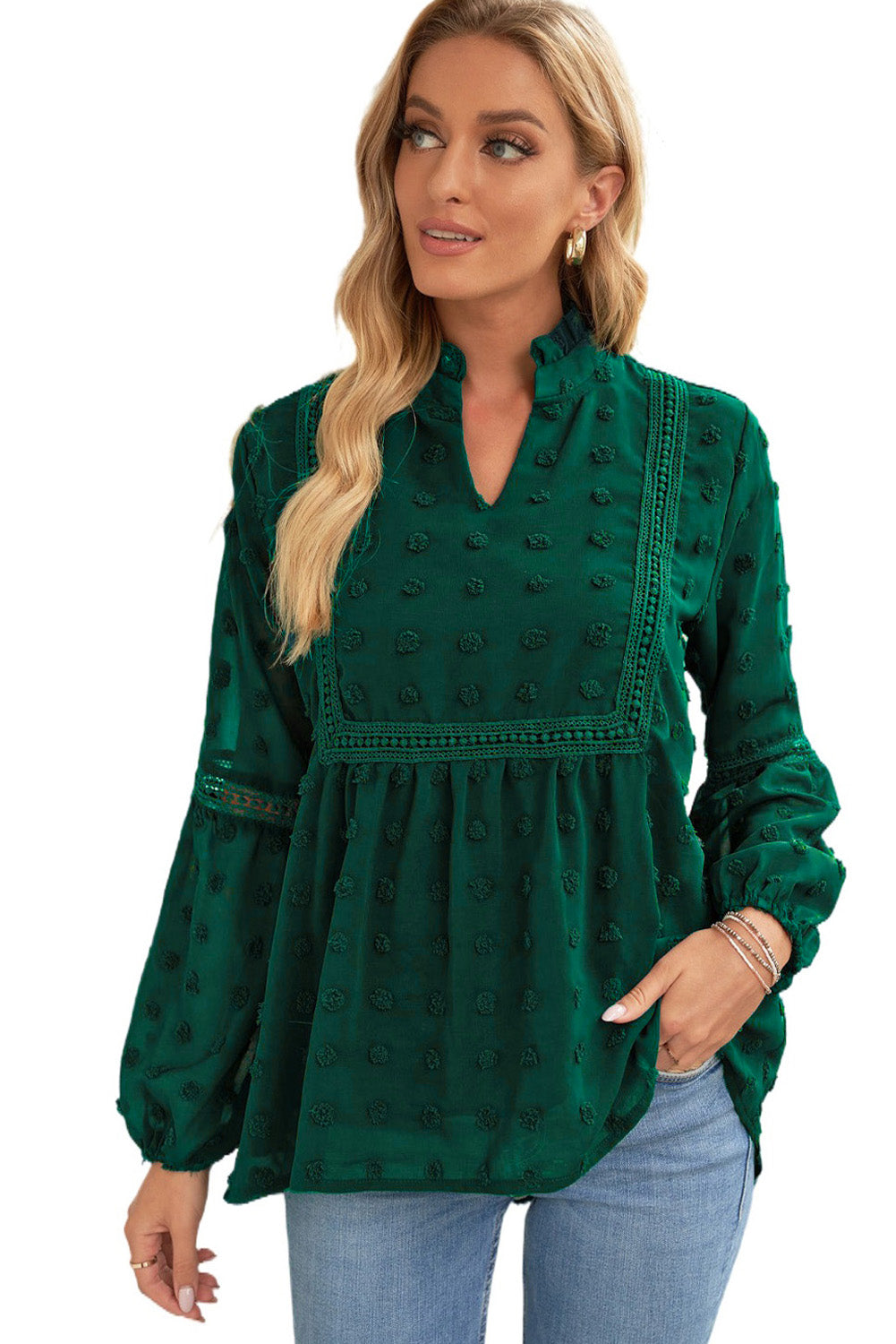 Ruffled Split Neck Lace Hollow Out Puff Sleeve Polka Dot Blouse