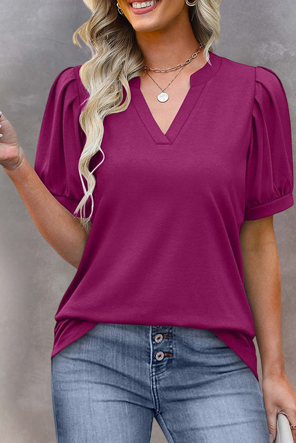 Solid Color Pleated Puff Short Sleeve Top