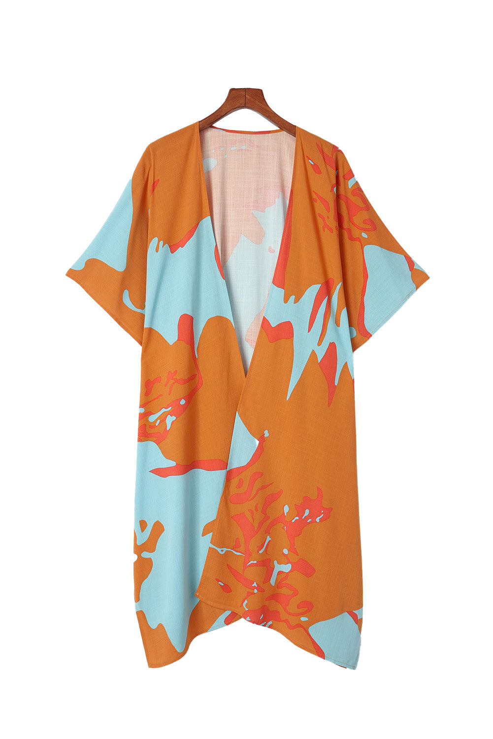 Abstract Print Open Front Kimono with Slits