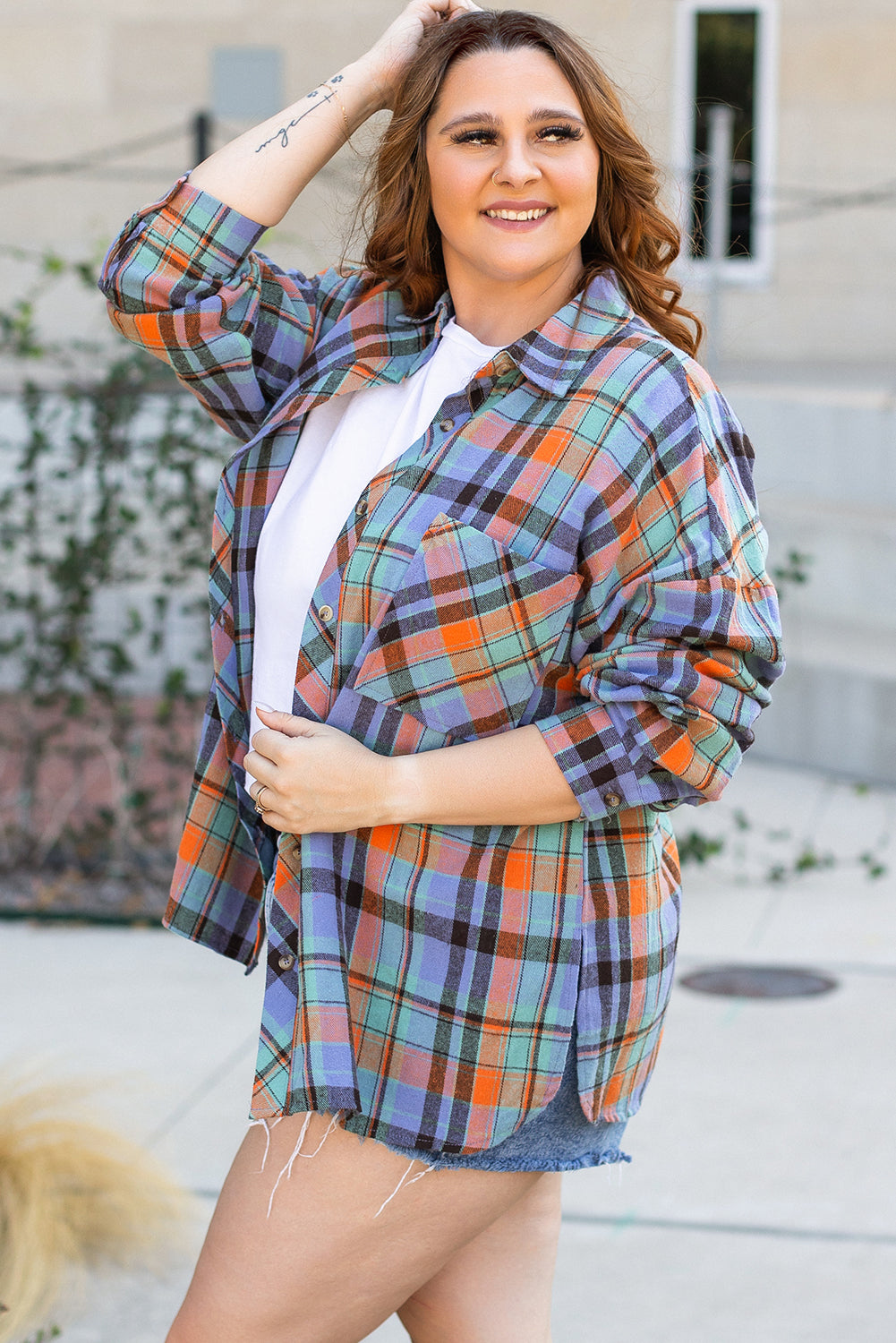 Orange Plus Size Plaid Print Buttoned Shirt