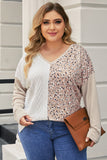 Plus Size Leopard Patchwork Mix Knit Long Sleeve Top