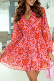 Floral Ruffle Layered Puff Sleeve Surplice Dress