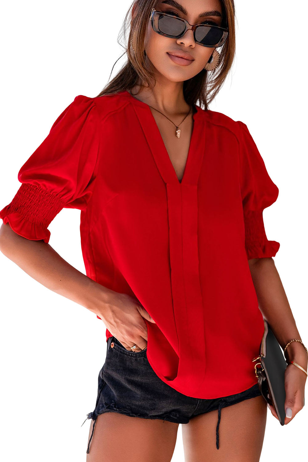 Solid Color Half Sleeve V Neck Blouse