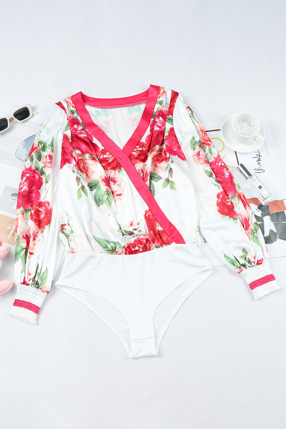 Floral Print V Neck Wrap Bodysuit