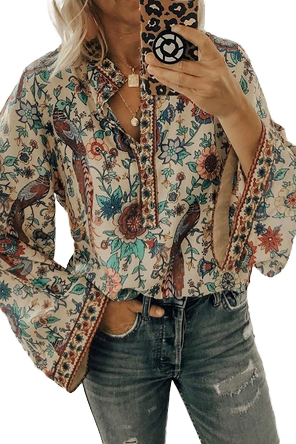 Peacock Floral Print Loose V Neck Shirt