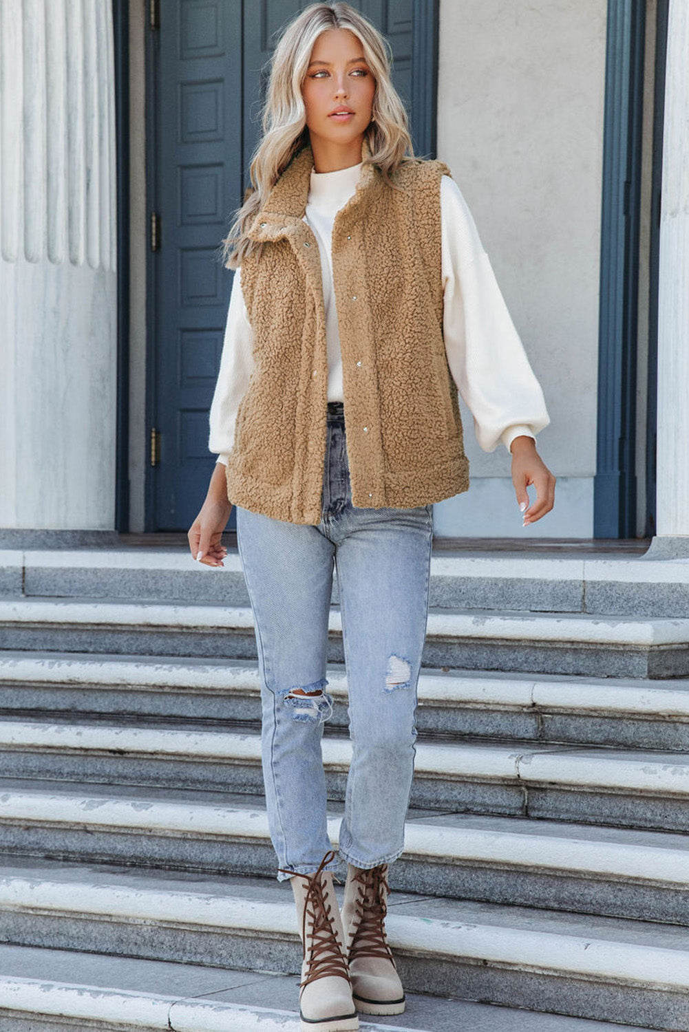 Veste gilet sherpa kaki avec poches et boutons-pression