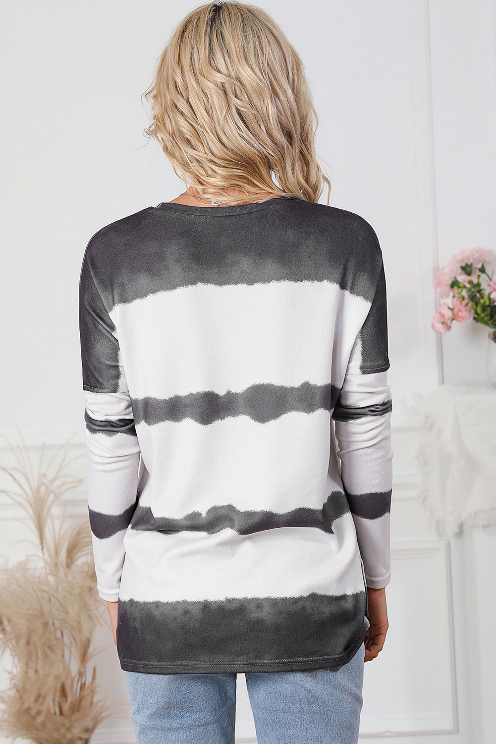 Tie Dye Striped Loose Knitted Long Sleeve Top with Slits