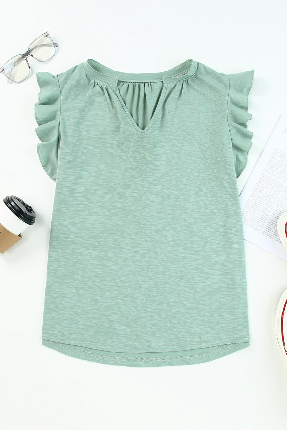 Casual Solid V Neck Butterfly Sleeve Top