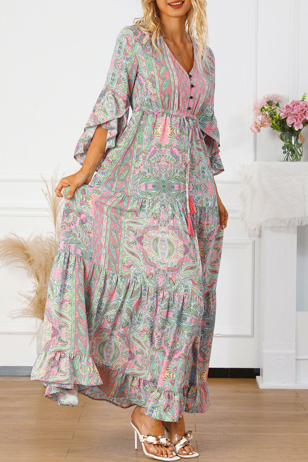 Green Paisley Printed Ruffle Trim Elegant Maxi Dress