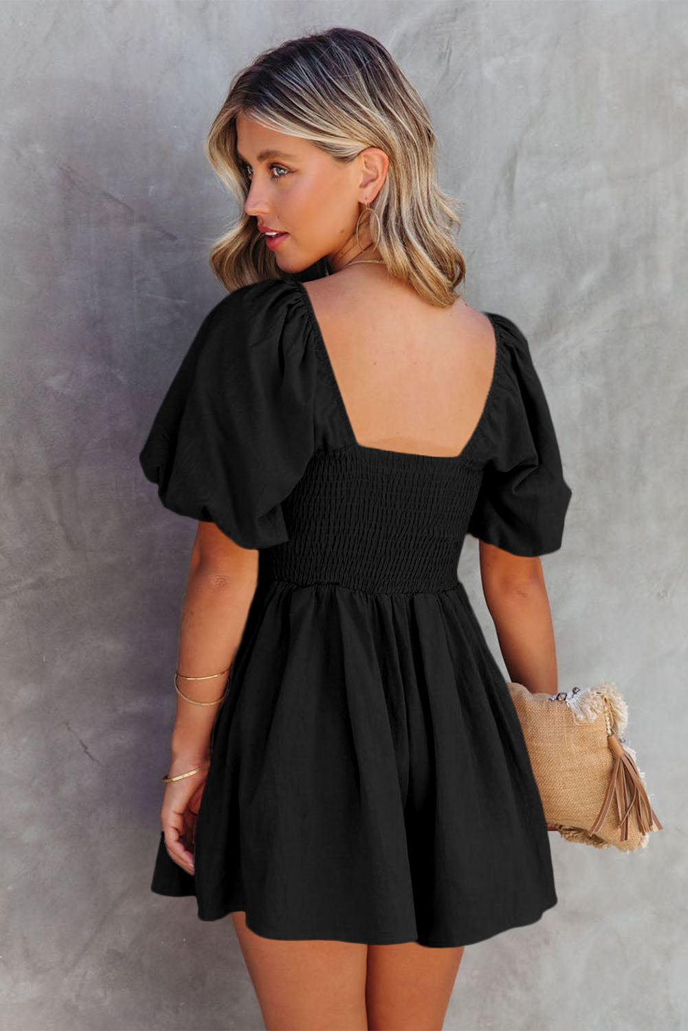 Black Square Neck Ruched Puff Sleeve Romper