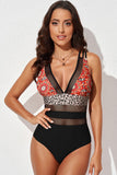 Floral Leopard Splicing Color Block Mesh One Piece Swimsuit