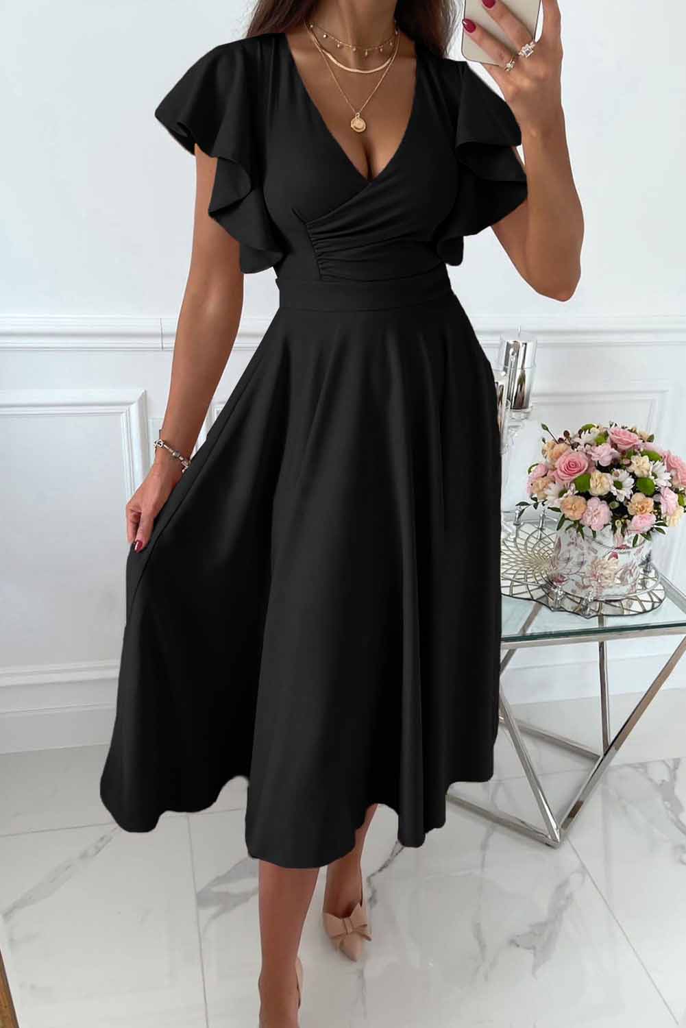 Ruffled Sleeve Wrap V Neck Midi Dress