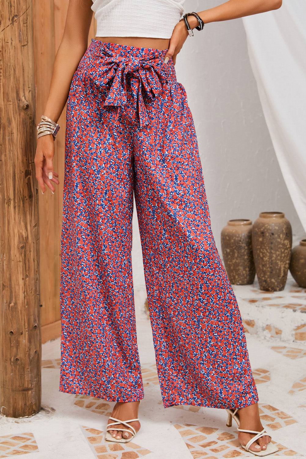 Ditsy Floral Print Tie Front Wide Leg Pants