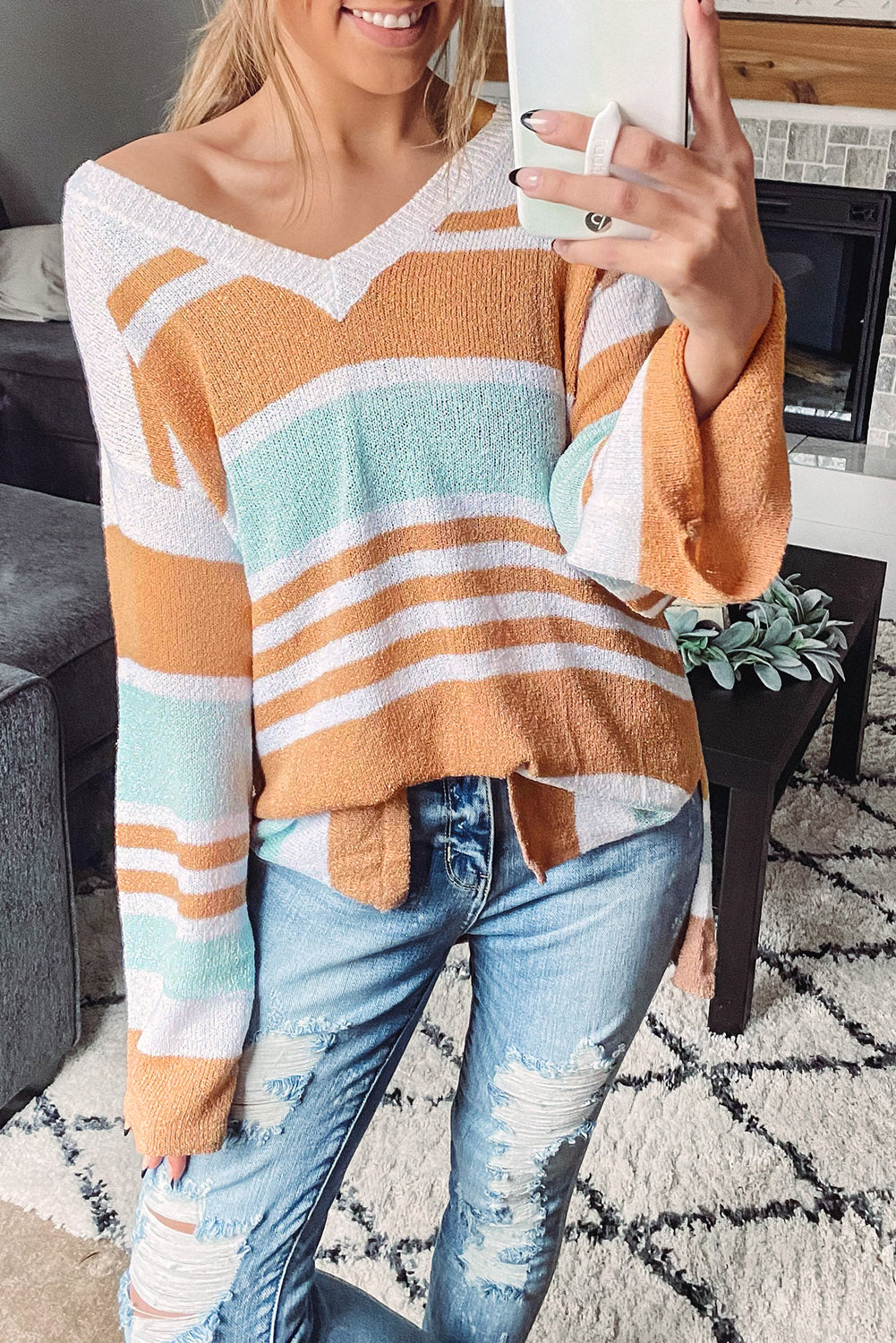 Colorblock Stripe Long Sleeve Split Sweater