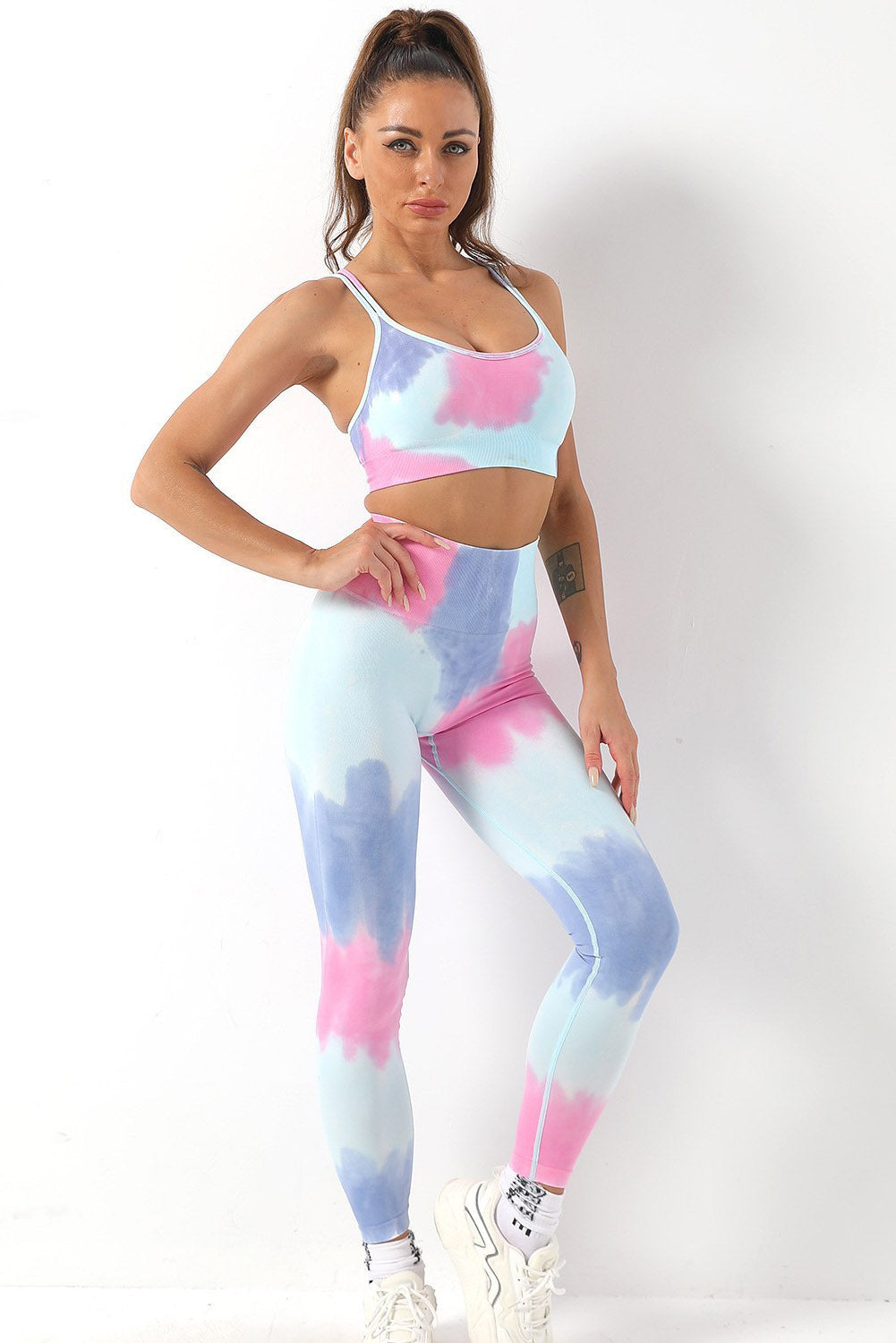 Ensemble 2 pièces violet soutien-gorge de yoga tie-dye et leggings taille haute