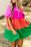 Crinkle Bubble Sleeve Color Block Blouse