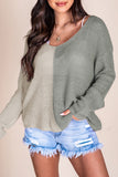 Khaki Long Sleeve V-Neck Colorblock Sweater