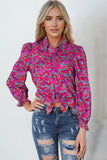 Abstract Floral Button Up Long Puff Sleeve Shirt