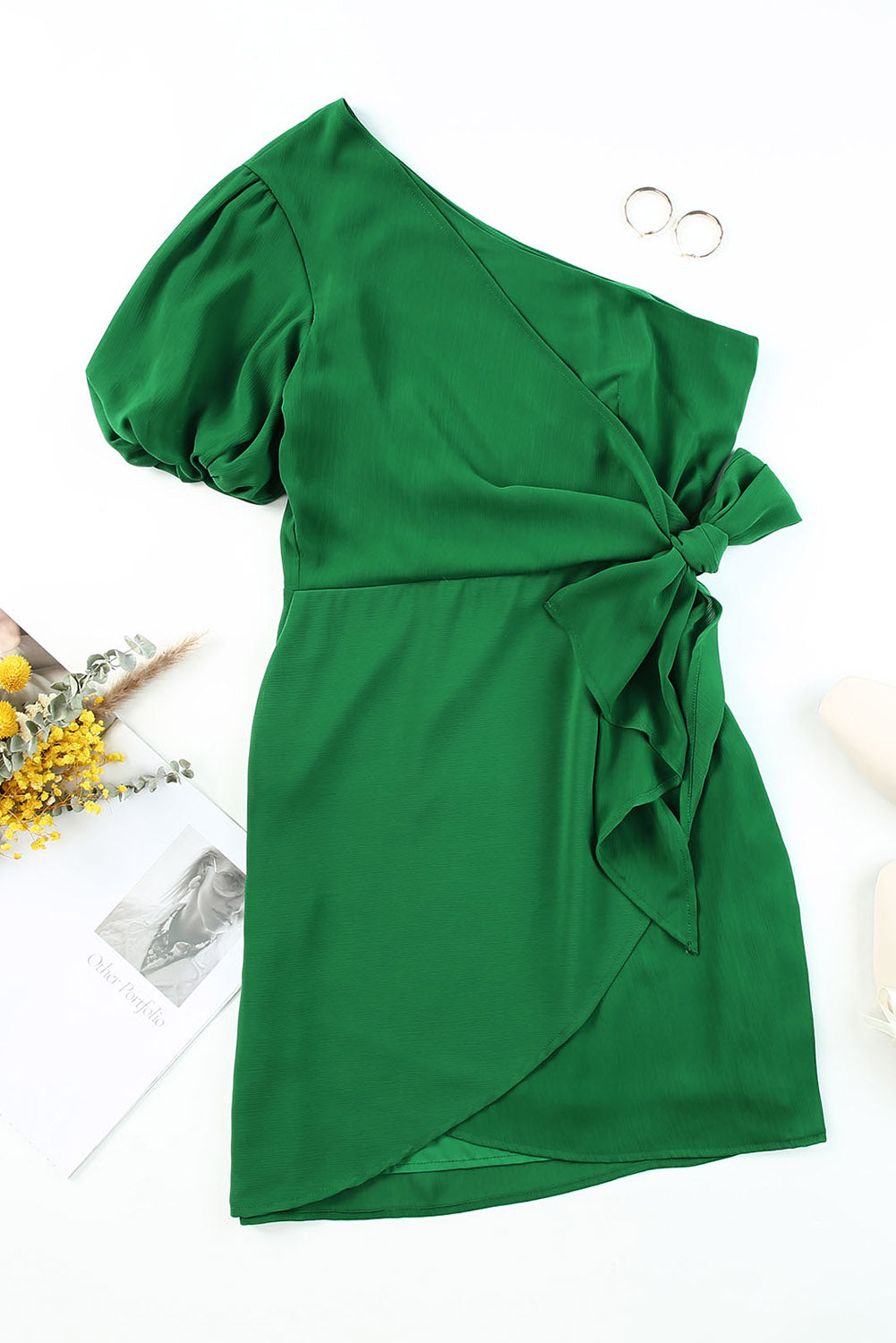 Asymmetric Bubble Sleeve Twist Knot Wrap Dress