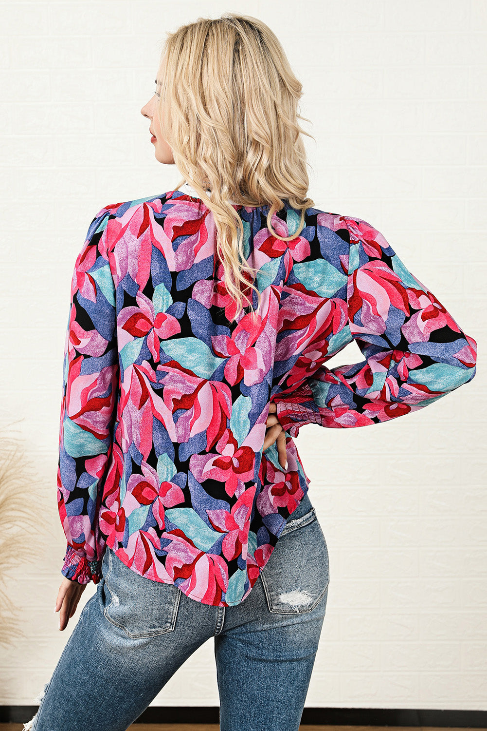 Red Floral Print Shirred Puff Sleeve Blouse