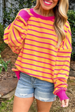 Pink Stripe Trimmed Round Neck Drop Shoulder Loose Sweater