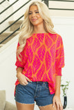 Rose Tropical Leaf Print Smocked Puff Sleeve Blouse