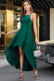 Green Satin Sleeveless Pleated High Low Dress with Pocket