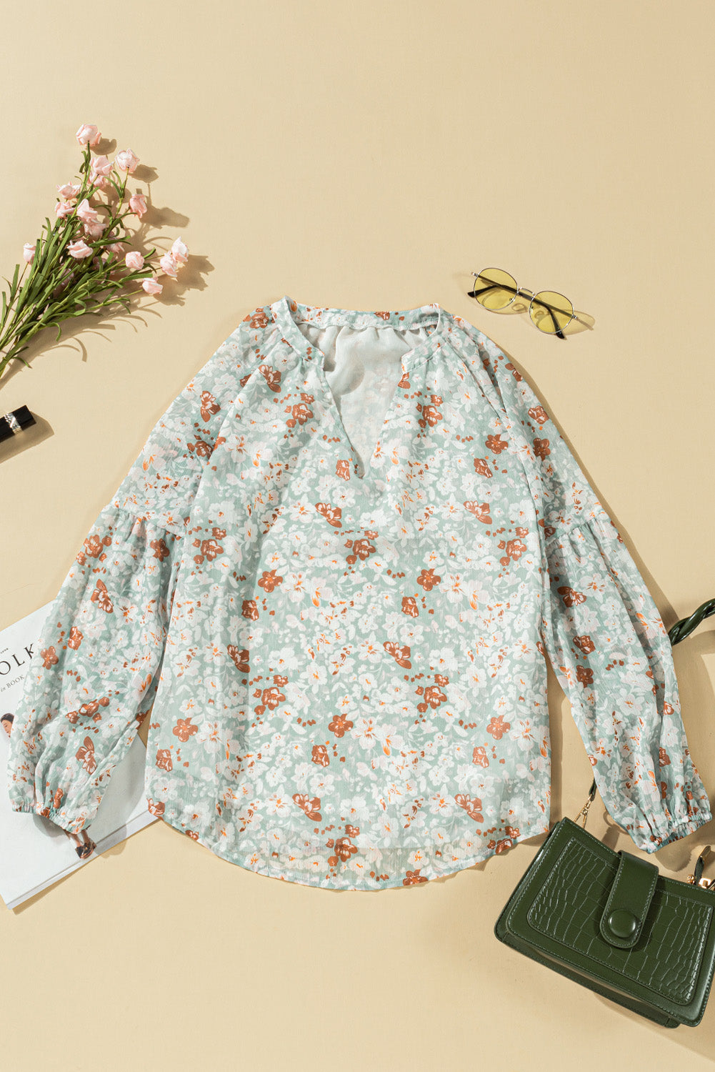 Green Floral Print V Neck Long Puff Sleeve Top