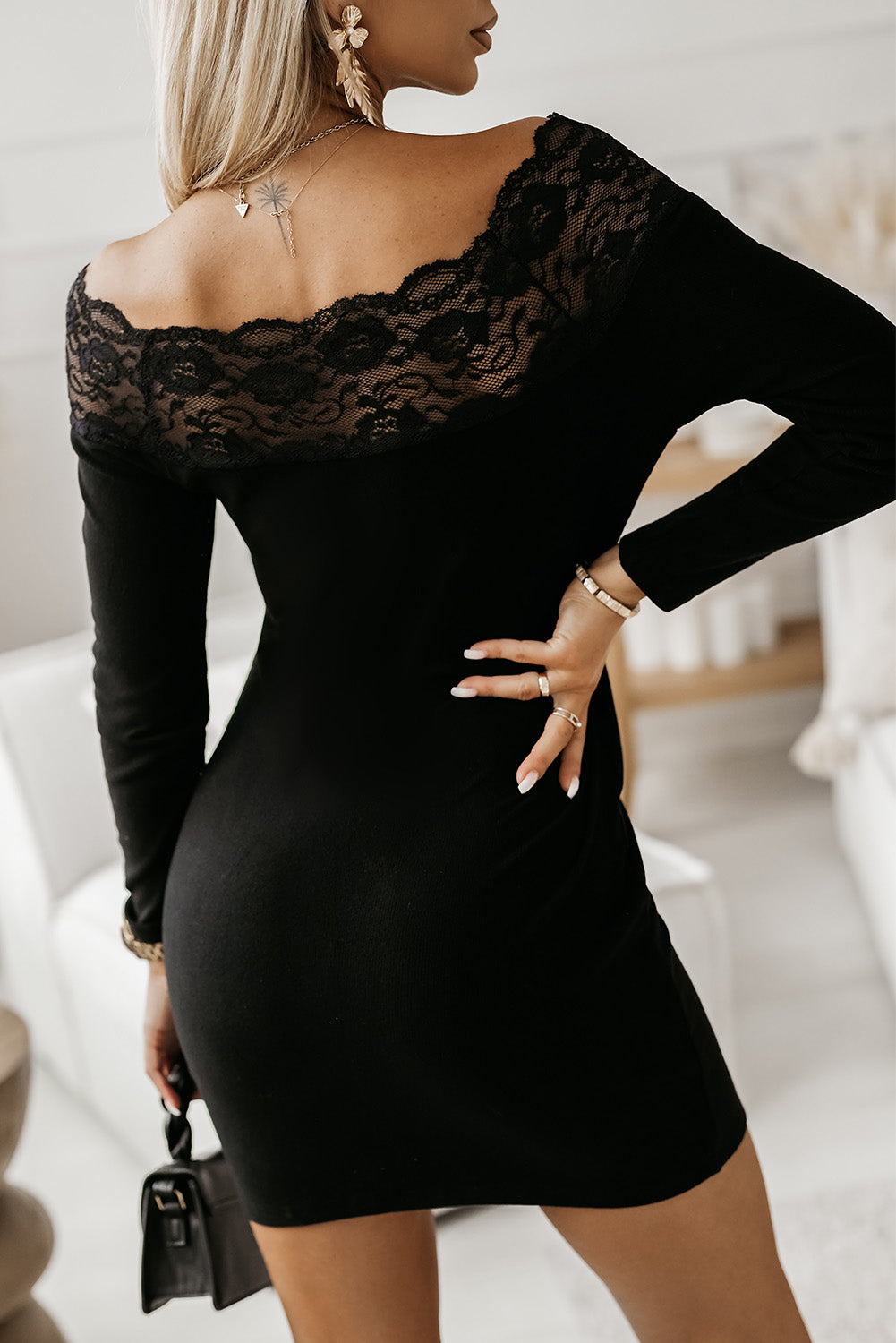 Lace Paneled Package Hip Knitted Bodycon Dress