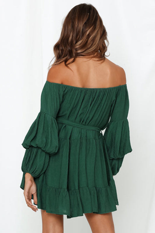 Off-Shoulder Tiered Bubble Sleeve Ruffled Dress