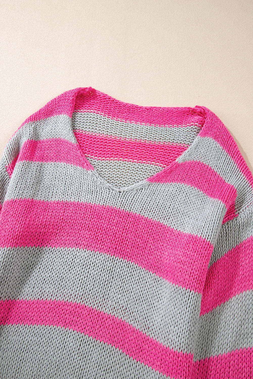 Striped Colorblock Knit V Neck Loose Fit Sweater