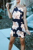 Blooming Peony Print Navy Sleeveless Dress