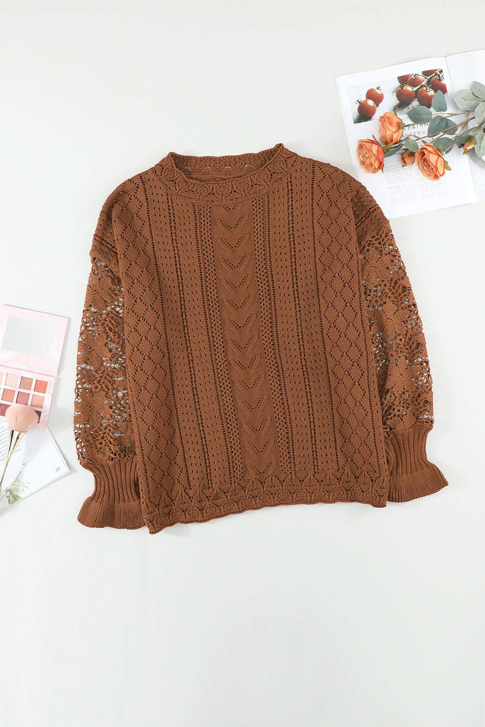 Crochet Lace Pointelle Knit Sweater