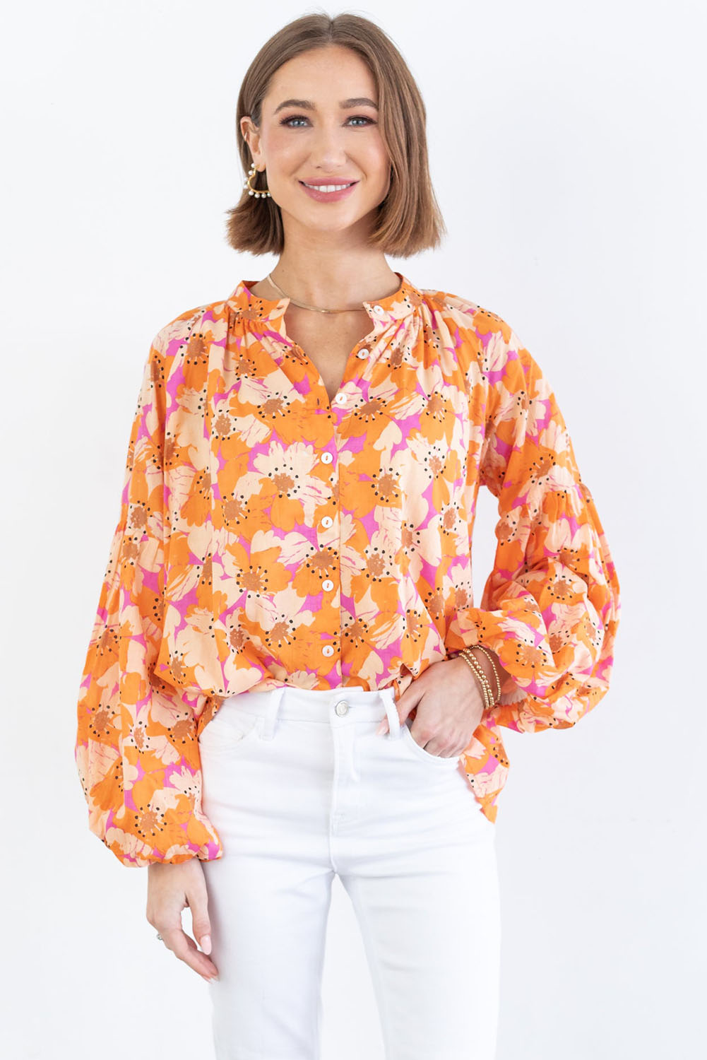 Orange Floral Print Loose Sleeve Shirt