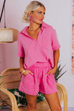 Ensemble polo texturé froissé rose et short taille haute