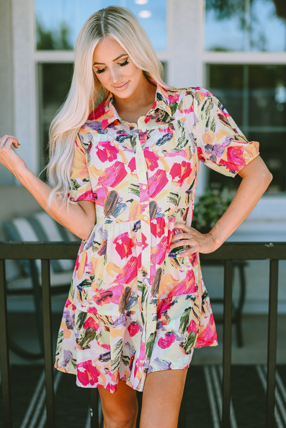 Floral Print Short Sleeve Shirt Dress