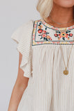 Stripe Ruffled Sleeve Embroidered Blouse