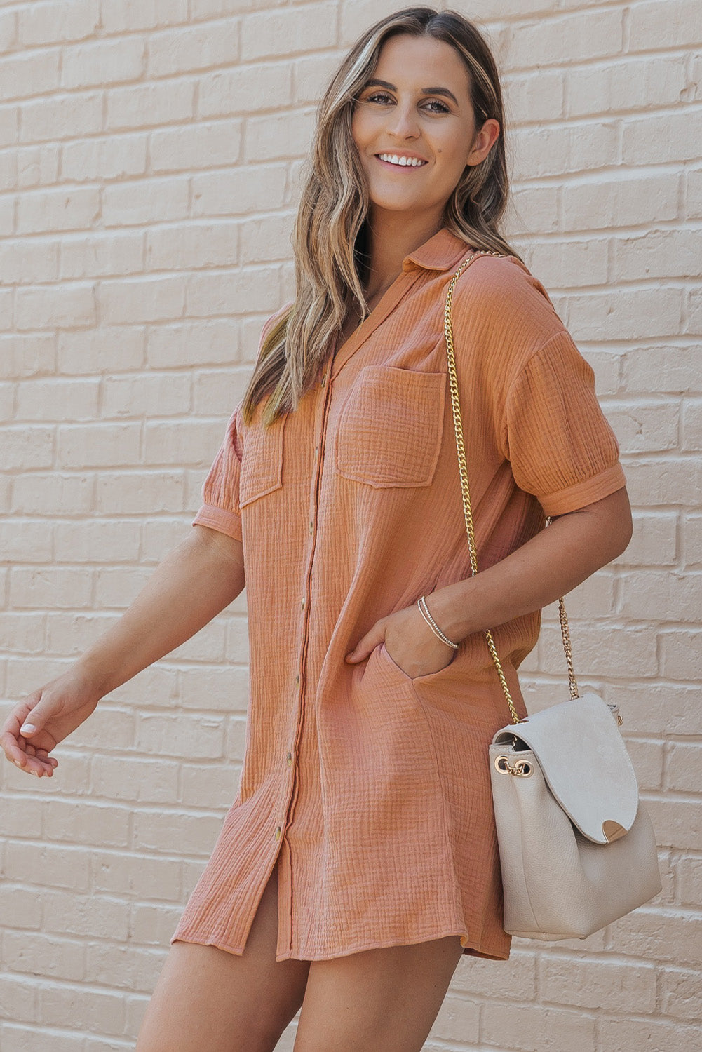 Crinkle Textured Joint Bubble Sleeve Shirt Dress